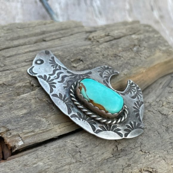 Signed AJC Native American Navajo Sterling Silver Turquoise Bear Pin - Picture 6 of 14
